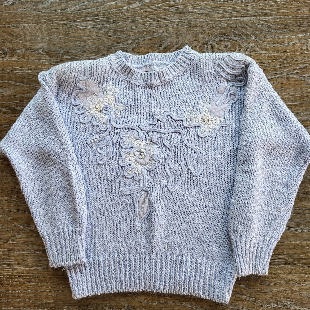 Dana Scott Vintage Floral Applique Pearl Beaded Sweater Blue Ramie Blend Small